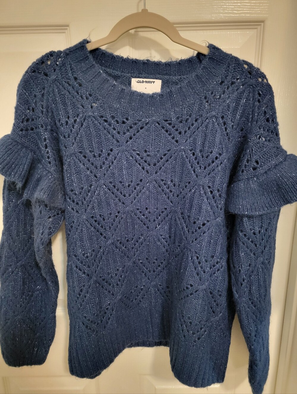Old Navy Women’s Medium Blue Open Knit Ruffle Sleeve Sweater